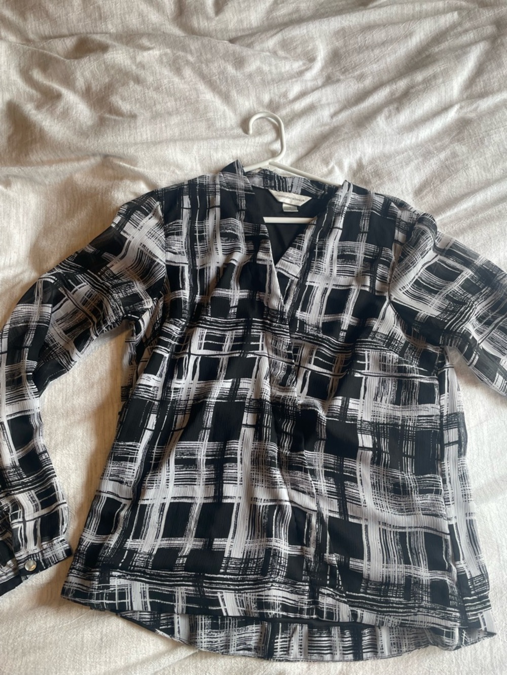 Christopher & Banks Black and White Brushstroke Plaid V-Neck Top